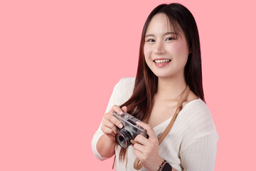 young teen happy smile enjoy photo hobby, girl model with vintage film camera studio shot isolated