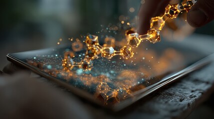 A transparent tablet showcasing a live interactive blockchain technology concept.