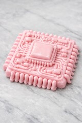 Computer Chip made of Pink Icing Surreal Macro