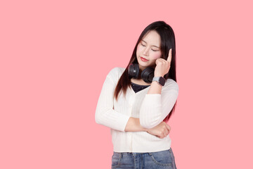 Asian woman, Thai cute model teen girl standing isolated with Thinking guess thoughtful expression