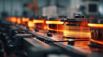 Coils of glowing copper wire on a production line in a factory industrial