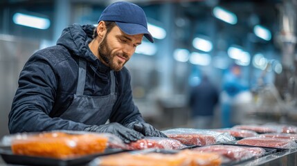 Worker in cap and gloves checks packaged food on production line. Illustrates food safety, quality control, or industrial food processing.