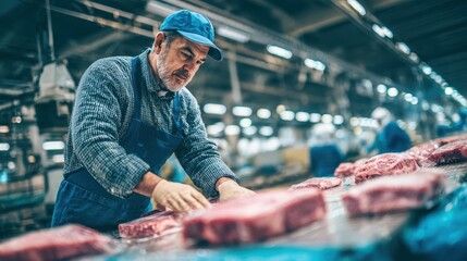 Experienced worker handles fresh meat steaks on a factory production line. Ideal for themes of meat production, food safety, and industrial work.
