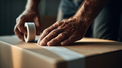Close up of an older person's hands using packing tape to seal a cardboard box