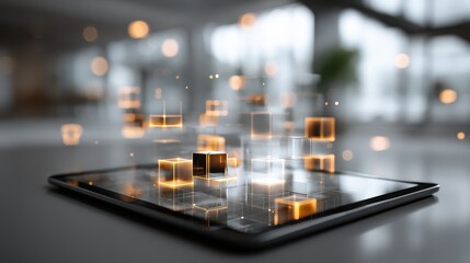 A transparent tablet showcasing a live interactive blockchain interface.