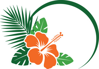 Orange Hibiscus Flower with Green Leaves in Circular Frame