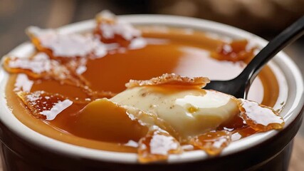 Closeup shot of a spoon breaking through the crisp caramelized sugar crust of a rich creamy crme brle dessert revealing the smooth custard underneath a delightful culinary experience.