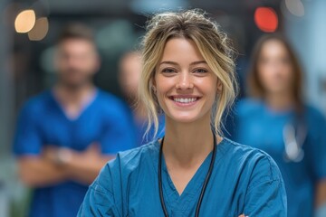 Happy young nurse in blue scrubs with stethoscope, team behind her. Perfect for showing dedicated medical staff and positive care.