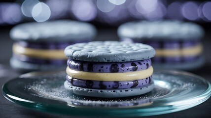 Elegant monochrome sandwich cookie with creamy filling on glass plate, dramatic dark bokeh background highlighting refined modern dessert styling and luxury patisserie mo