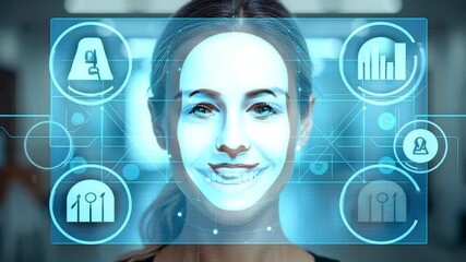 Futuristic facial recognition interface scanning young woman face with digital icons and analytics - Powered by Adobe