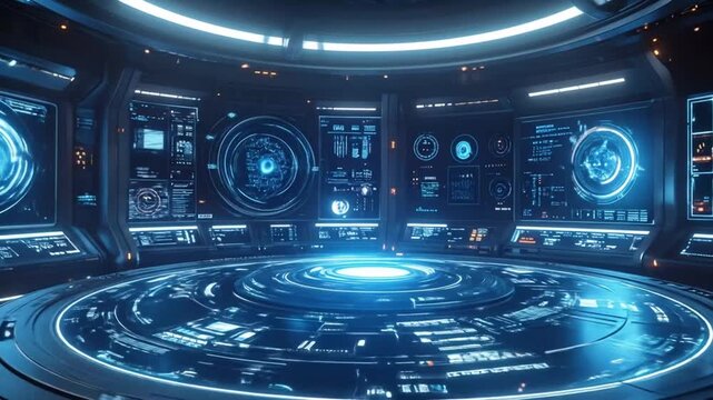 Futuristic Control Room Interior with Glowing Blue Displays.