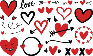 Red and black heart doodles with arrows and smiley face