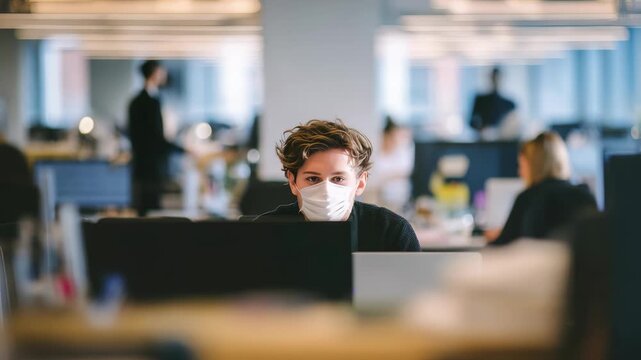 Focused employee in a face mask sits at his desk, surrounded by computers and coworkers in a contemporary office. The image captures a safe, productive, and collaborative work atmosphere