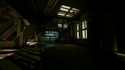 dark abandoned warehouse corridor with flickering, lights, puddles on concrete floor, metal beams and staircase casting long shadows, blue control console glow - Powered by Adobe