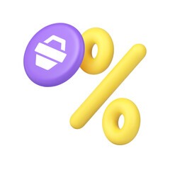 Percentage symbol and shopping cart icon for ecommerce websites and retail applications. Represents discount, sale, promotion, offer, and price reduction. Modern 3d icon realistic vector illustration.