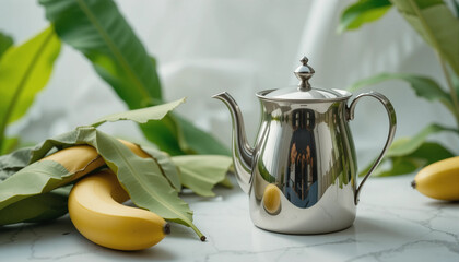 Stainless steel milk pitcher beside fresh bananas and green leaves