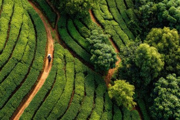 Aerial view of lush green tea fields with a person on winding path. Illustrates sustainable agriculture, journey, or traditional rural Asian life.