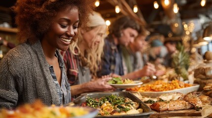 Smiling woman serves herself from a delicious buffet at a lively event. Ideal for showing celebration, community, and enjoyable dining experiences.