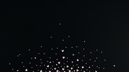 Pink hearts and dots floating upwards on black background