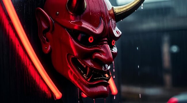Cinematic Red Oni Japanese Demon Mask with Glowing Eyes and Neon