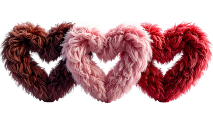 Three Interlocked Furry Hearts Chain in Red Pink and Brown 3D Render isolated on solid white background1