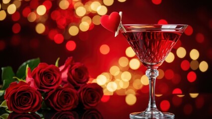 Romantic martini glass with red heart and roses on a bokeh background