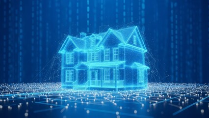 Futuristic digital blueprint of a classic american house rendered in glowing neon blue lines against a dark abstract background with digital rain and data streams