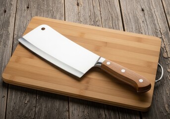 A large cleaver knife rests on a wooden cutting board on a rustic table