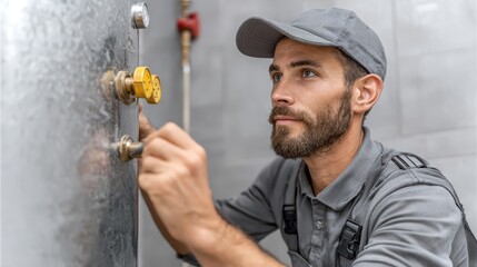 Bearded technician in grey uniform adjusts valves on metal tank. Represents plumbing, maintenance, or professional technical service.