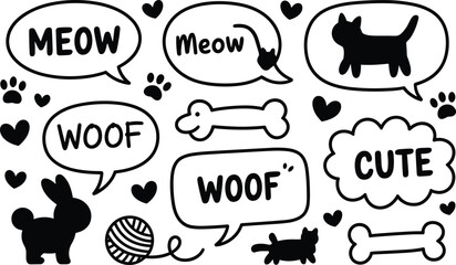 Black and white cartoon animals with speech bubbles saying meow and woof