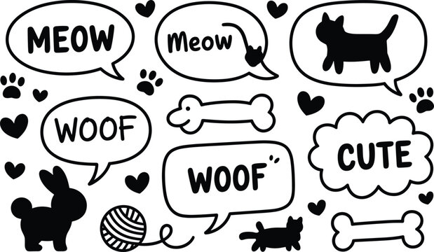 Black and white cartoon animals with speech bubbles saying meow and woof