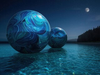 Floating orbs in tranquil night waters