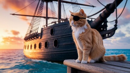 Pirate Cat Sailing on Wooden Ship at Sunset