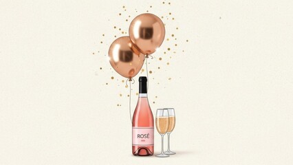 Rose wine bottle with two glasses and shiny rose gold balloons