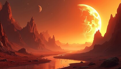 Fototapeta premium Alien planet landscape with giant orange sun and rocky mountains. Water reflects warm glow of celestial body in serene otherworldly scene. Space exploration theme.