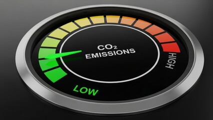 Carbon dioxide emissions meter shows low level on gauge with green needle pointing to eco friendly side with CO2 emissions and sustainability and ecology with environment