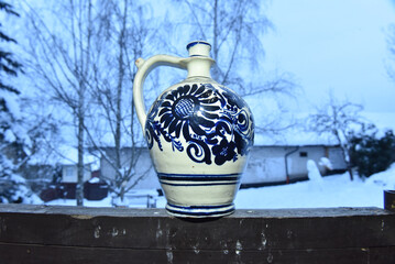 Hungarian Korond ceramic blue and white floral pottery jug. Transylvania, Romania
