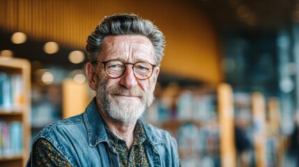 Happy senior man with grey beard and glasses smiles at camera indoors. Use for themes like learning, experience, expertise, or trusted advice.