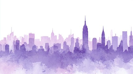 Fototapeta premium Watercolor silhouette of an urban skyline with high-rise buildings in hues of violet. The city's skyline is a symphony of architectural designs, rendered in the soft, abstract style.