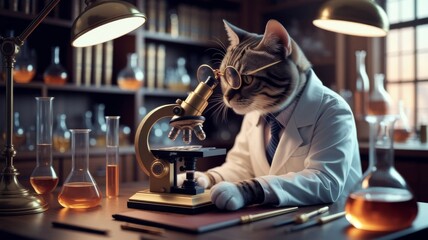 Curious Scientist Cat Working with Microscope in Laboratory
