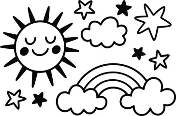 Black and white cartoon sun with stars and rainbow