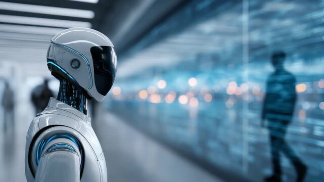 A cutting edge robot with a streamlined design observes a glowing data wall in a futuristic facility. The scene highlights innovation in AI, robotics, and next generation technology integration