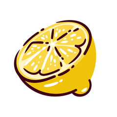 Fresh lemon slice with bright yellow pulp and rind, juicy citrus fruit cut in half. Simple cartoon doodle style, modern flat design for food icons and graphic elements. Vector illustration.