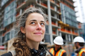 Woman with blue eyes and graying hair smiles, looking up at construction. Ideal for themes of progress, future, ambition, and women in STEM careers.