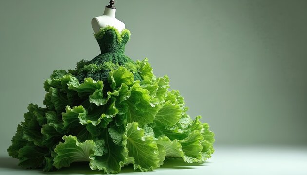 Green dress made of lettuce and broccoli on mannequin. Creative fashion design concept uses organic food to create unique apparel. Eco friendly fashion symbolizes sustainability