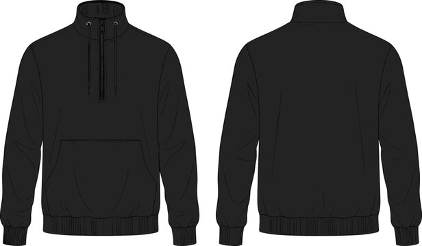 Black quarter zip sweatshirt mockup vector template featuring front and back view with long sleeves and pocket for apparel fashion branding design