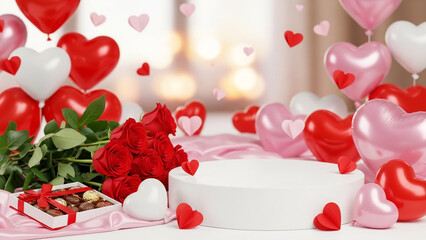 Festive Valentine's Day Scene with Product Display Podium, Red Roses, Heart Balloons, and Chocolates