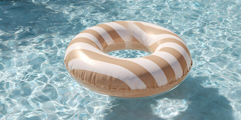 Beige and white striped inflatable ring with satin fabric on a plain background lifestyle product flat lay