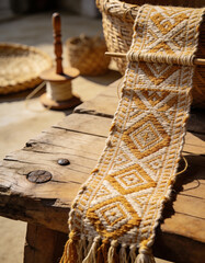 Close-Up of Traditional Handwoven Textile Laid on Rustic Wooden Surface with Natural Daylight, Authentic Cultural Craftsmanship Background, Rich Texture Detail and Heritage-Inspired Visual Storytellin