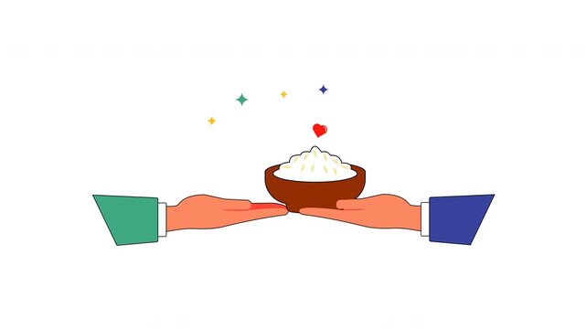 Animated icon illustrating food charity and donation concept with hands sharing rice and heart symbol representing love compassion and care